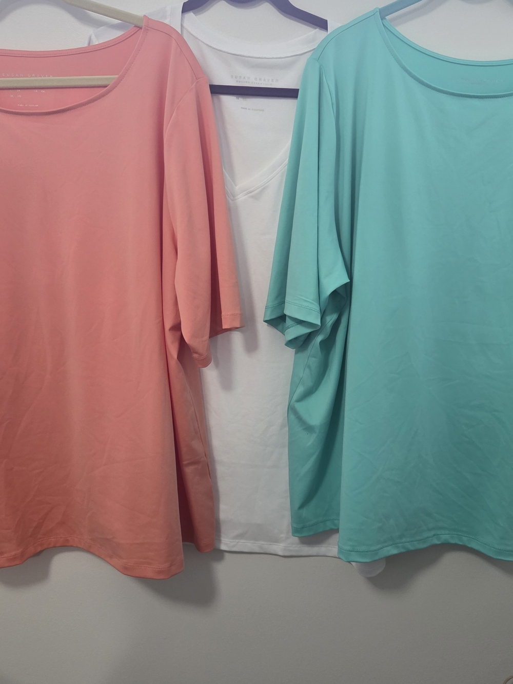 Susan Graver Scoop Neck Top Trio in Coral, White, Aqua